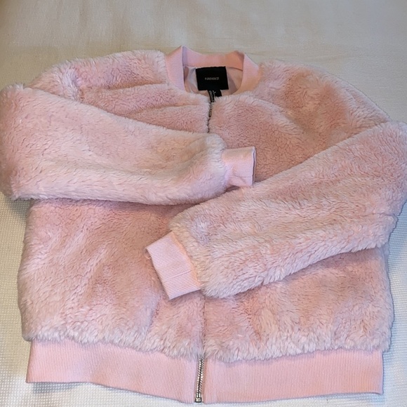Forever 21 Ribbed Fluffy Faux Fur Pink Zipped Jacket Size Small - Picture 10 of 12